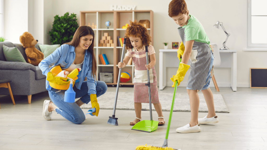 Mom and Kids doing chores 
