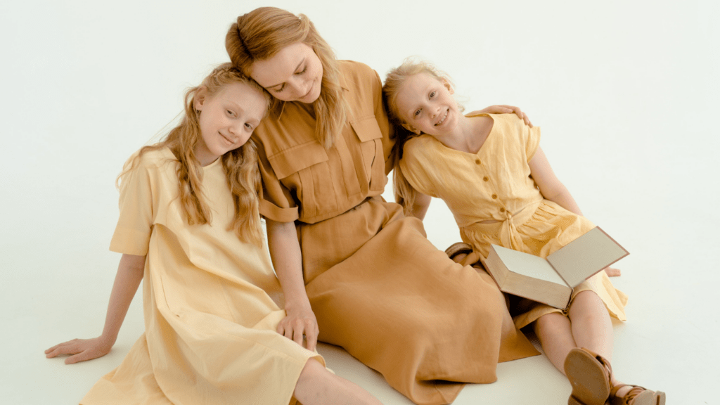 Mother and kids with minimalist fashion clothes